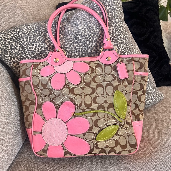 Coach Handbags - Coach Pink Floral Daisy Bleeker Signature Leather Shoulder Tote Bag